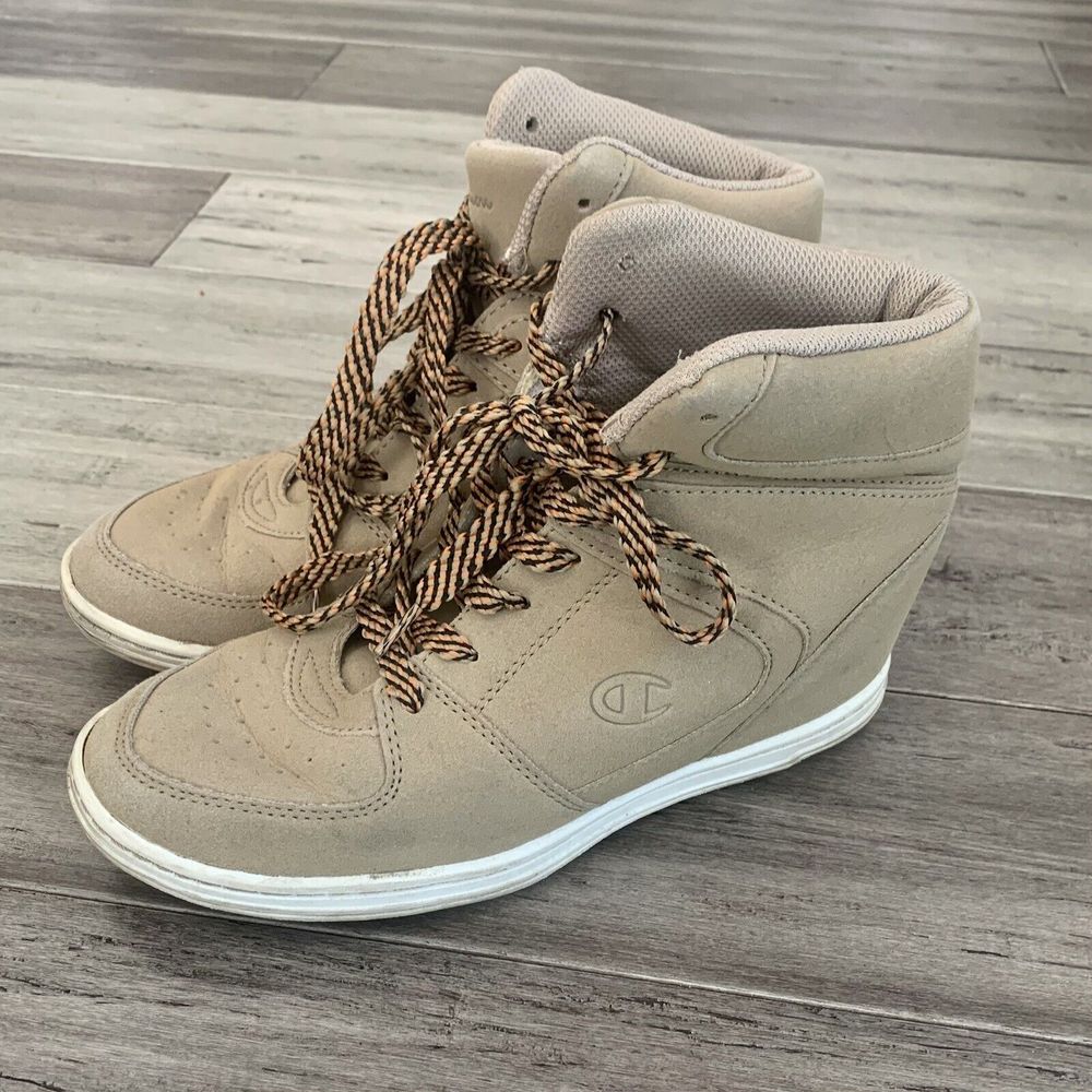 Champion Women Size 8 1/2 Hidden Wedge Heel Sneaker Shoe Lace Up Y2K Tan Hip Hop